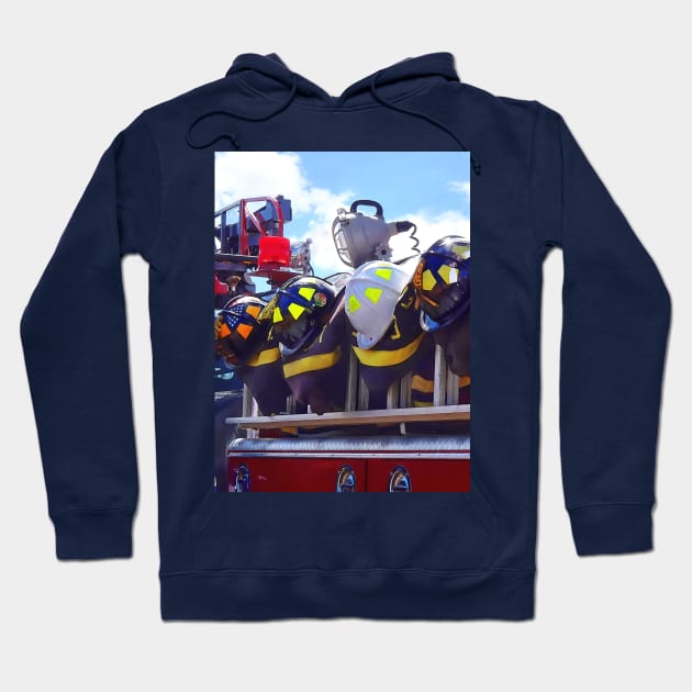 Firefighters - Helmet on Fire Truck Hoodie by SusanSavad